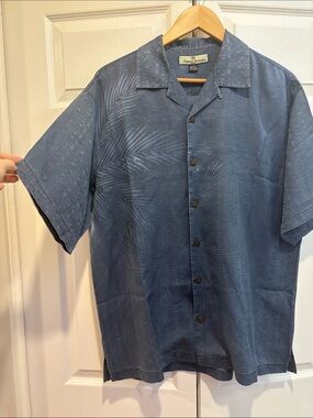 Tommy Bahama Blue Palm-Texture Short-Sleeve Camp Shirt